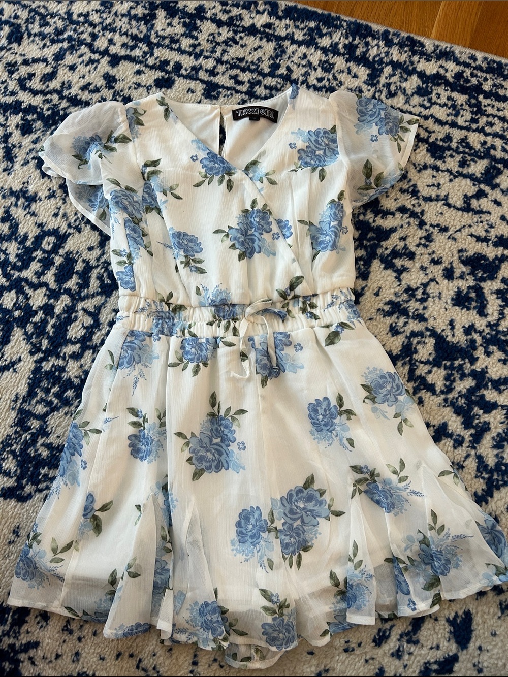 Girls White Floral One-Piece Romper with Blue Rose Print